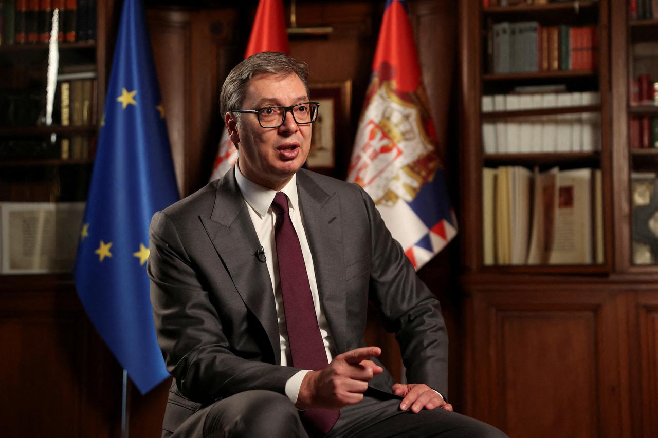 FILE PHOTO: Serbian President Aleksandar Vucic speaks during an interview with Reuters in Belgrade
