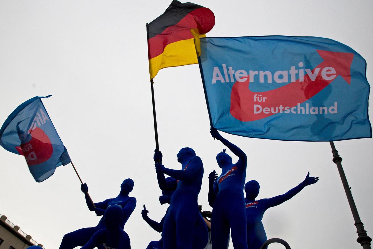 FILE PHOTO: Supporters of the AfD party wave flags during an event to rally support for Sunday's European Parliament elections in Berlin