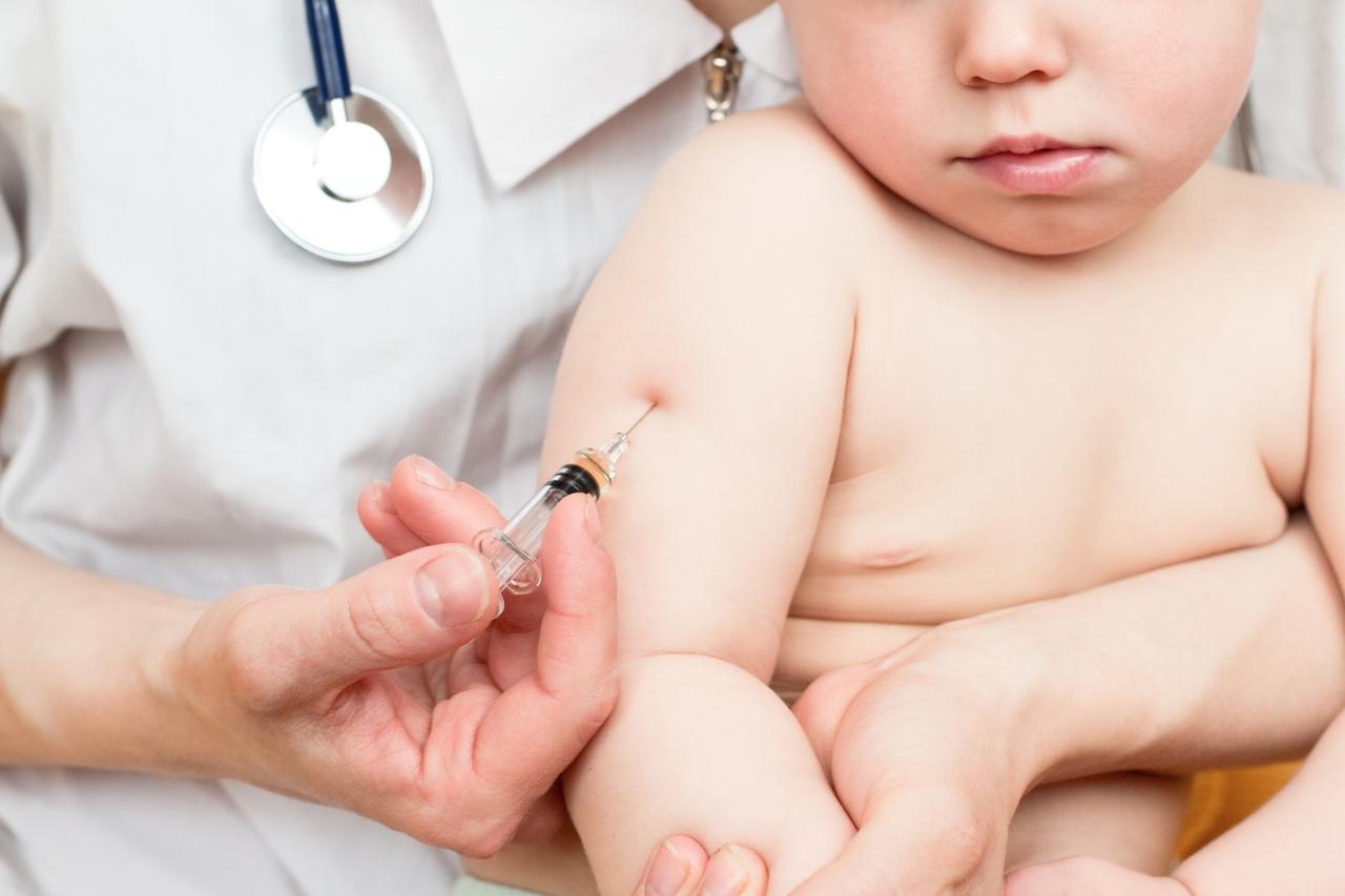 Doctor giving a child an intramuscular injection in arm, shallow DOF