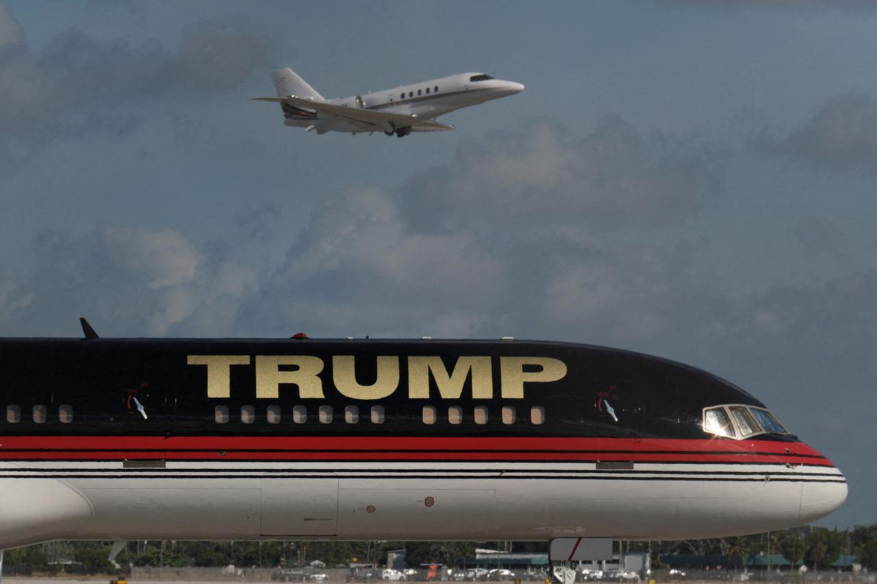 FILE PHOTO: The plane of former U.S. President Donald Trump parked at the Palm Beach International Airport