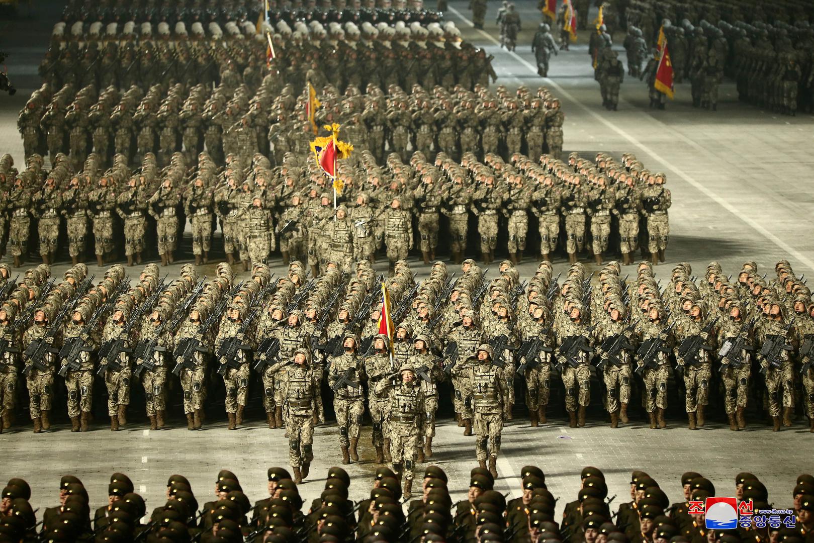 8th Congress of the Workers' Party in Pyongyang Troops march during a military parade to commemorate the 8th Congress of the Workers' Party in Pyongyang, North Korea January 14, 2021 in this photo supplied by North Korea's Central News Agency (KCNA).    KCNA via REUTERS    ATTENTION EDITORS - THIS IMAGE WAS PROVIDED BY A THIRD PARTY. REUTERS IS UNABLE TO INDEPENDENTLY VERIFY THIS IMAGE. NO THIRD PARTY SALES. SOUTH KOREA OUT. NO COMMERCIAL OR EDITORIAL SALES IN SOUTH KOREA. REFILE - CORRECTING CAPTION DESCRIPTION KCNA