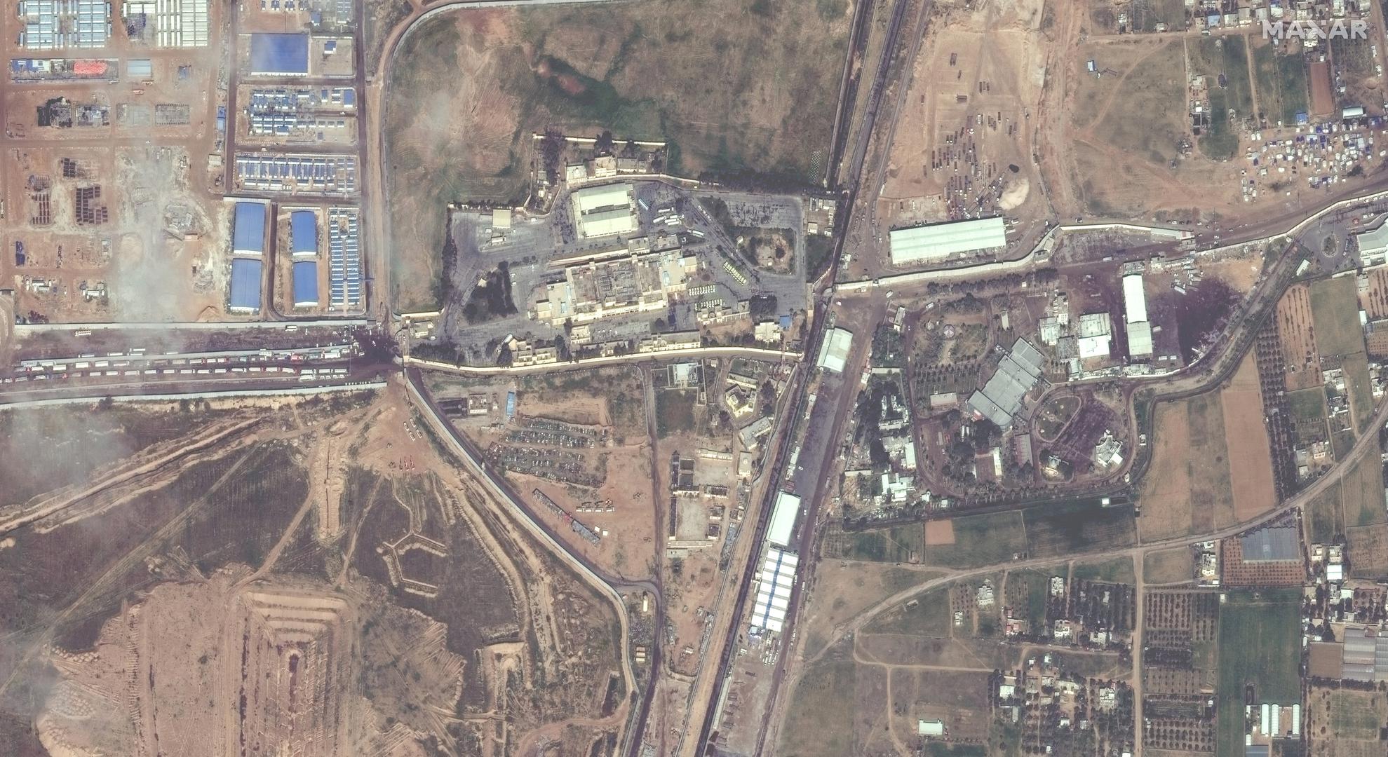 A satellite image shows a general view of the Egypt-Gaza border crossing, near Rafah, February 15, 2024. Maxar Technologies/Handout via REUTERS    THIS IMAGE HAS BEEN SUPPLIED BY A THIRD PARTY. NO RESALES. NO ARCHIVES. MANDATORY CREDIT. DO NOT OBSCURE LOGO. Photo: MAXAR TECHNOLOGIES/REUTERS