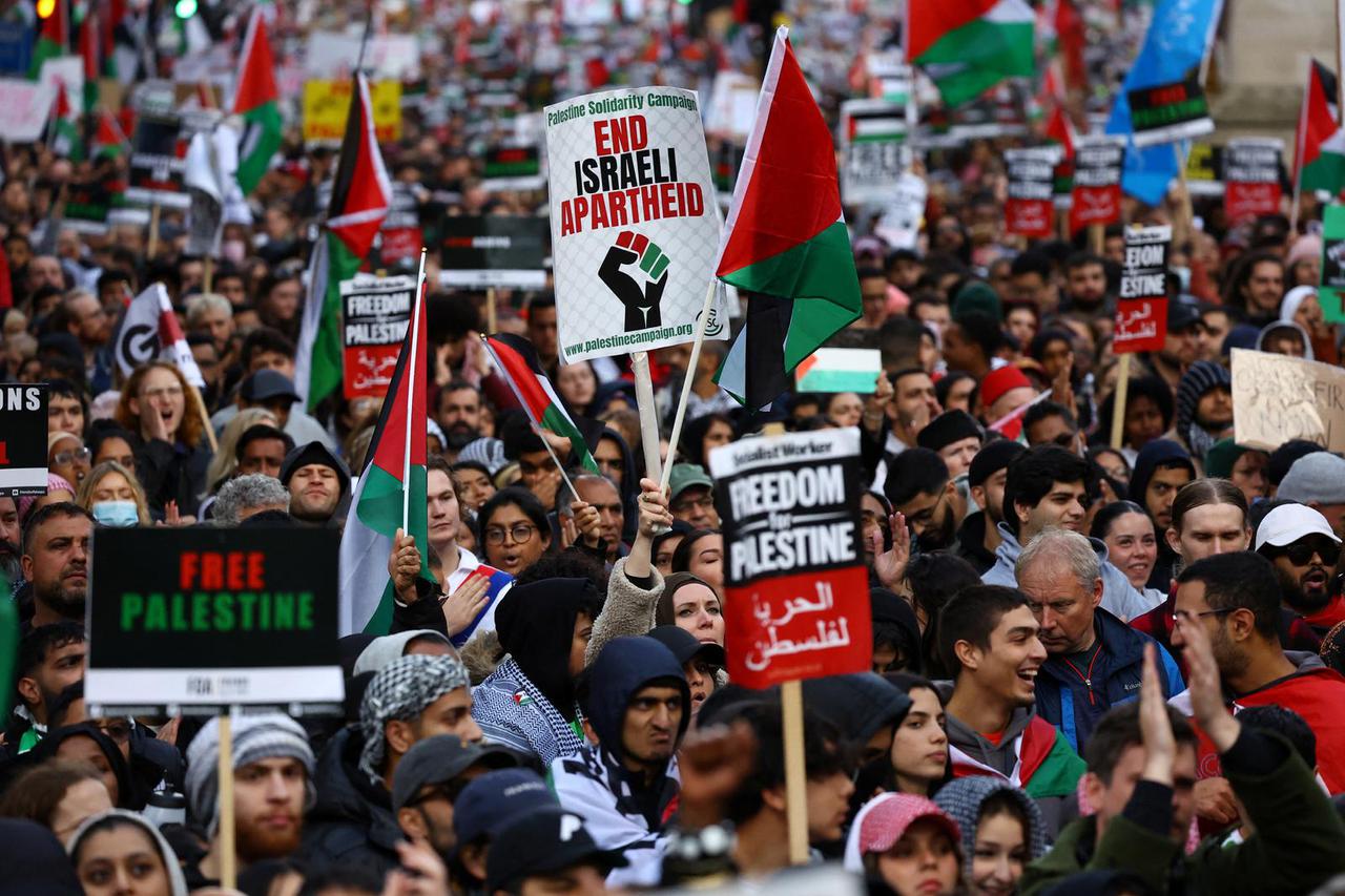 Demonstrators protest in solidarity with Palestinians in Gaza, in London