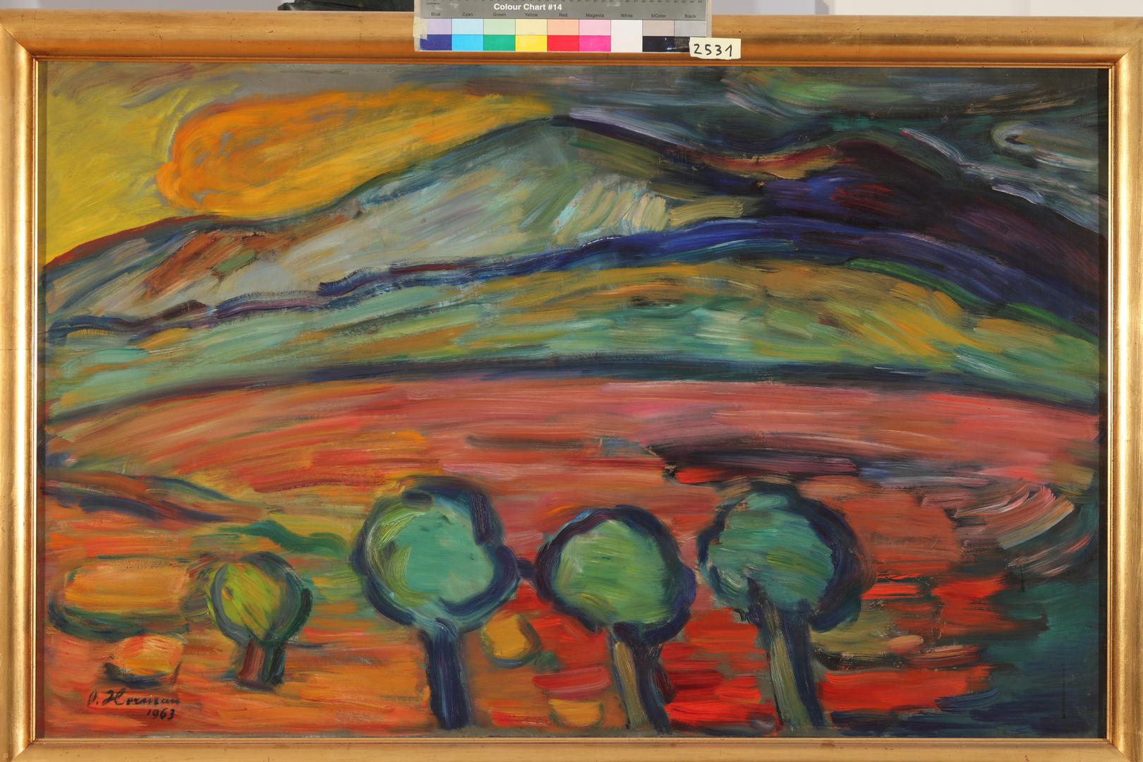 Oskar Herman, "Pejzaž s tri stabla", 1963., ulje na platnu