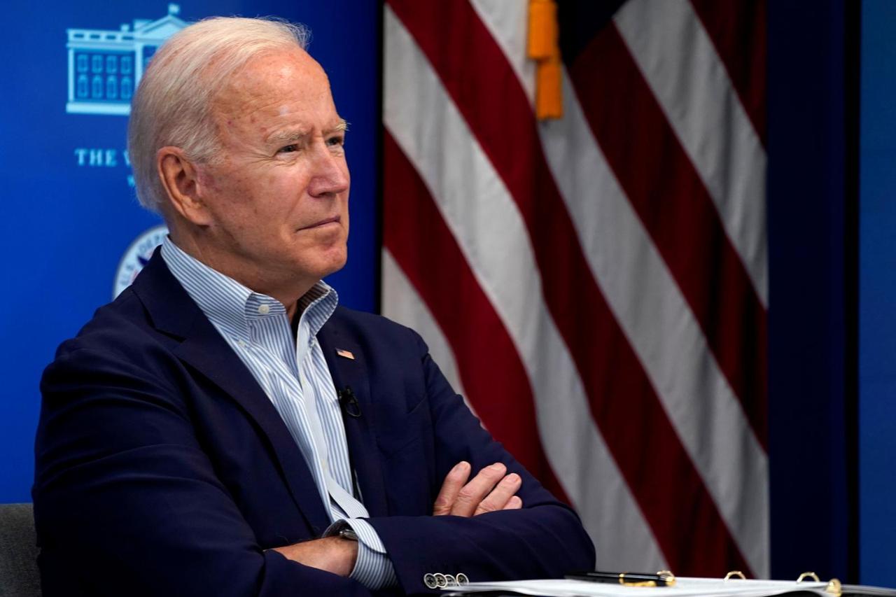 U.S. President Joe Biden attends a virtual briefing with FEMA Administrator Deanne Criswell on preparations for Hurricane Ida at the White House in Washington