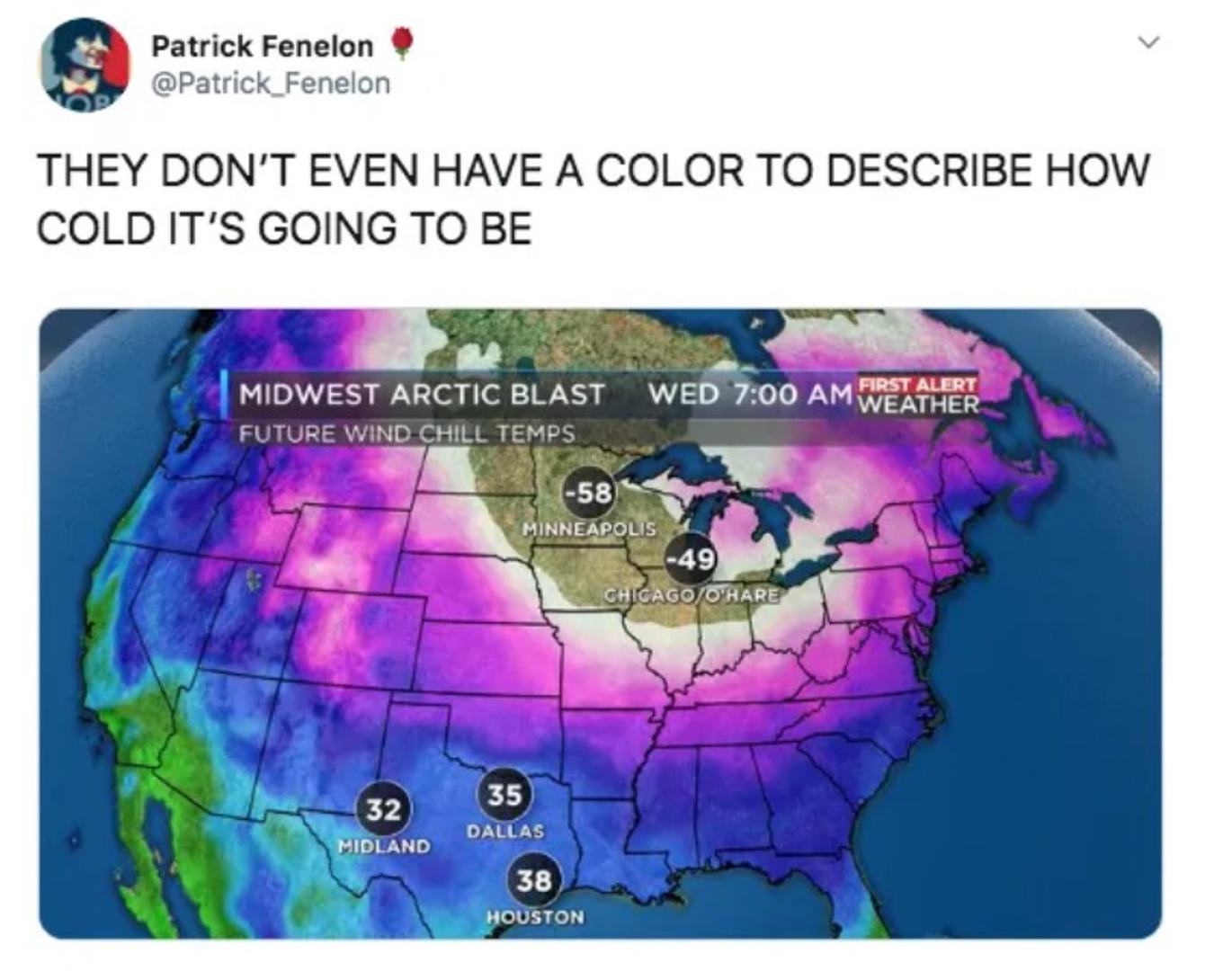 Na vremenskog prognozi čak ne postoji boja kojom bi opisali tako niske temperature. 