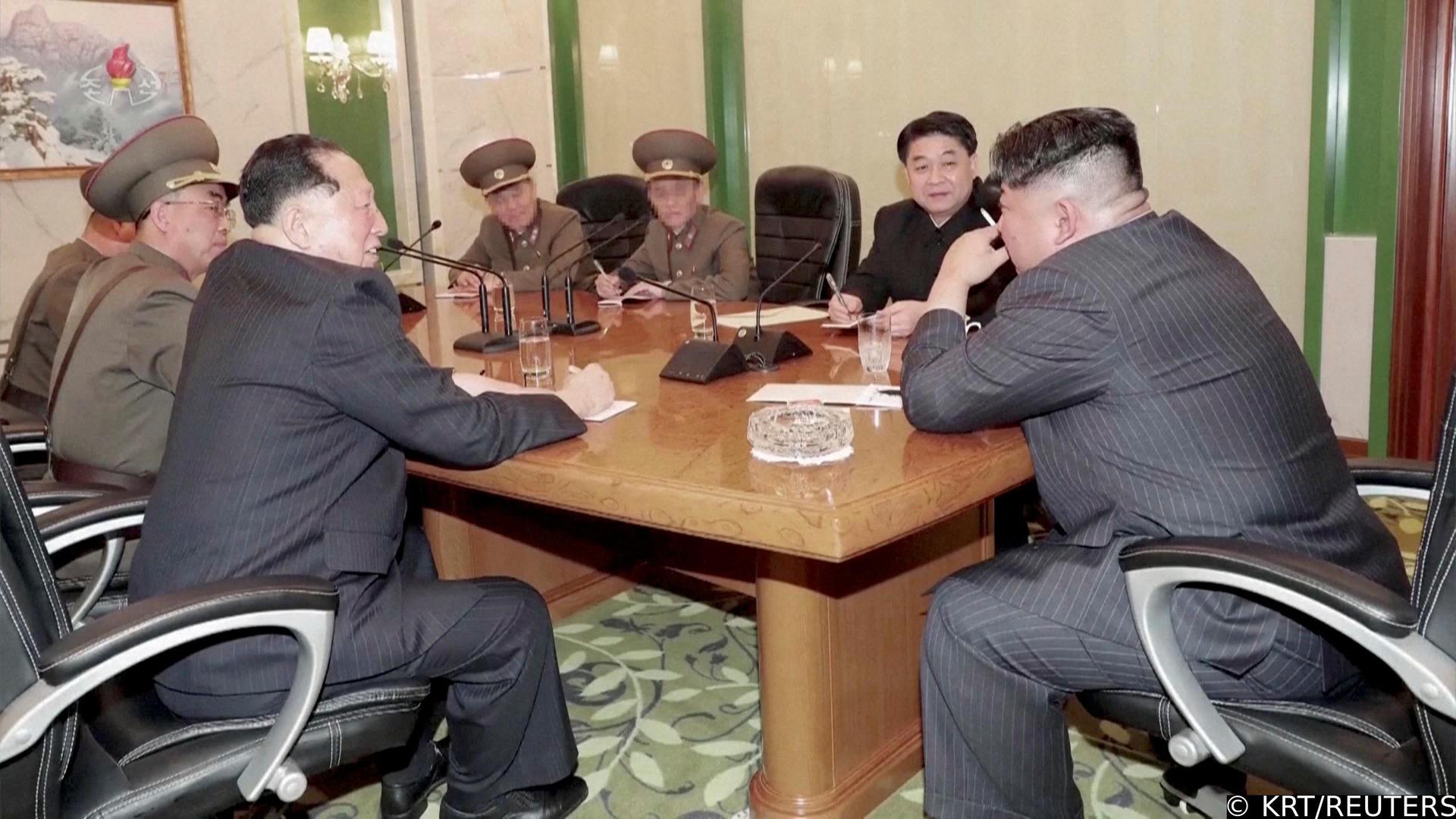 A screen grab shows North Korean leader Kim Jong Un speaking with officials at an undisclosed location in this undated still image used in a video.  KRT/via Reuters TV/Handout via REUTERS   THIS IMAGE HAS BEEN SUPPLIED BY A THIRD PARTY. NORTH KOREA OUT. NO COMMERCIAL OR EDITORIAL SALES IN NORTH KOREA Photo: KRT/REUTERS