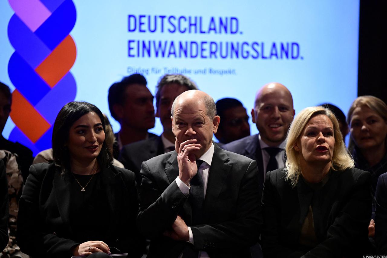 German Chancellor Olaf Scholz speeches during an immigration meeting