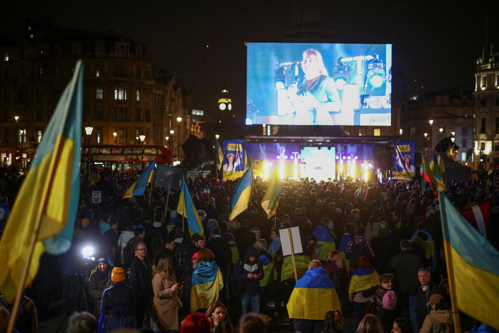 People attend a vigil for Ukraine held on the anniversary of the conflict with Russia, at Trafalgar Square in London, Britain February 23, 2023. REUTERS/Henry Nicholls Photo: Henry Nicholls/REUTERS