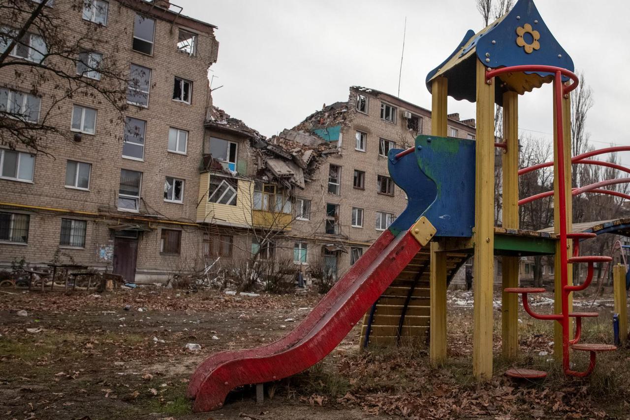 A view shows a residential building damaged by a Russian military strike in Bakhmut