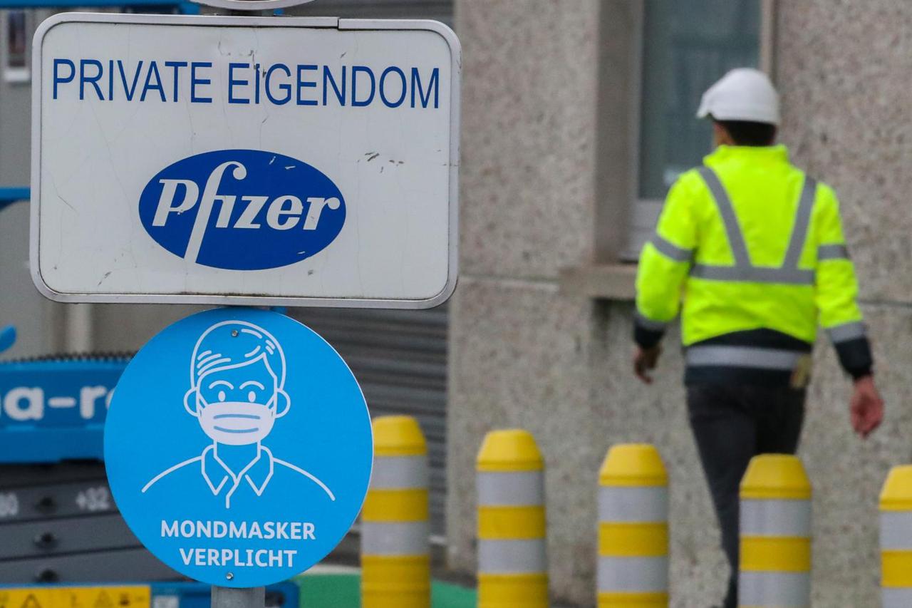 An entrance to the Pfizer factory is seen in Puurs