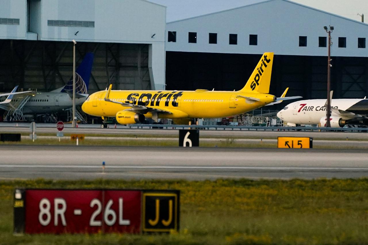 Spirit Airlines aircrafts sit at Miami International Airport in Florida