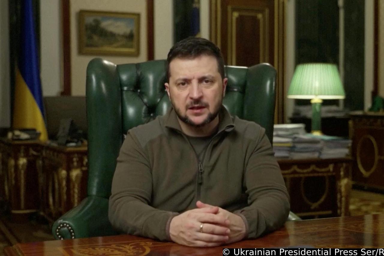 Ukrainian President Volodymyr Zelenskiy speaks during an address where he says that Russian forces could use chemical weapons in Ukraine, in Kyiv