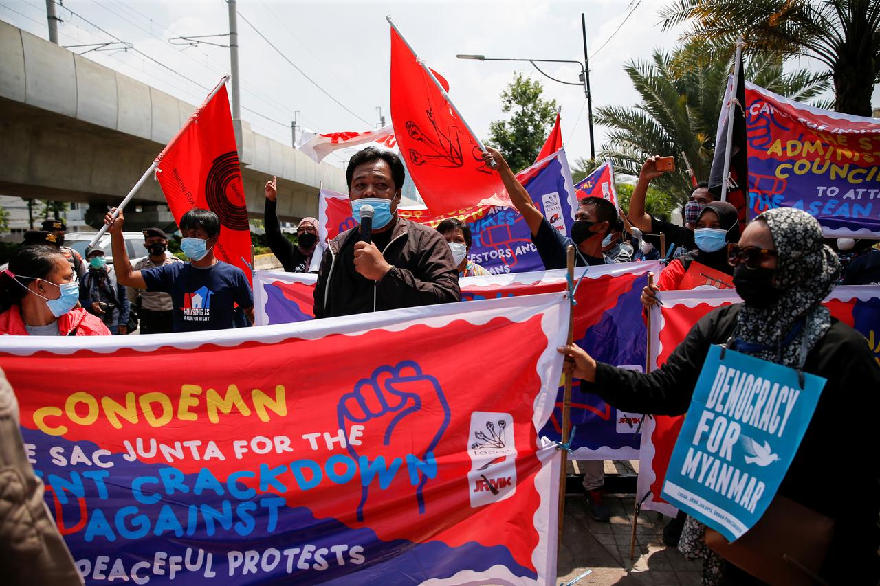 Protests outside the Association of Southeast Asian Nations (ASEAN) secretariat building, before the ASEAN leaders' meeting in Jakarta