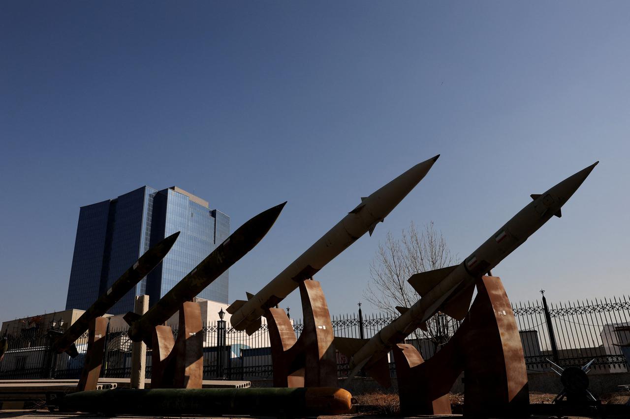 Iranian missiles are displayed in a park in Tehran