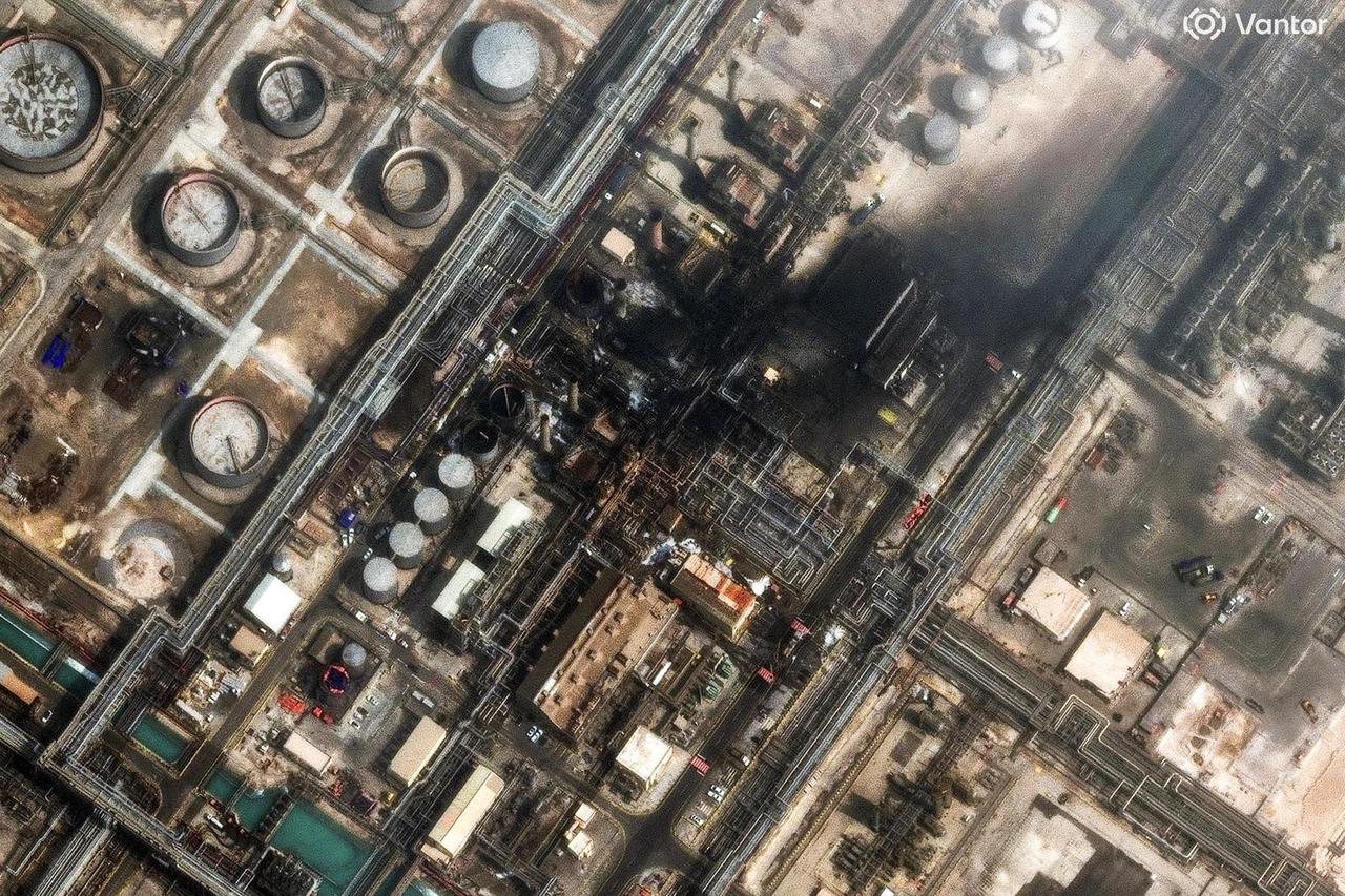 A satellite image shows fire in the Ras Tanura oil refinery in Saudi Arabia after a drone attack