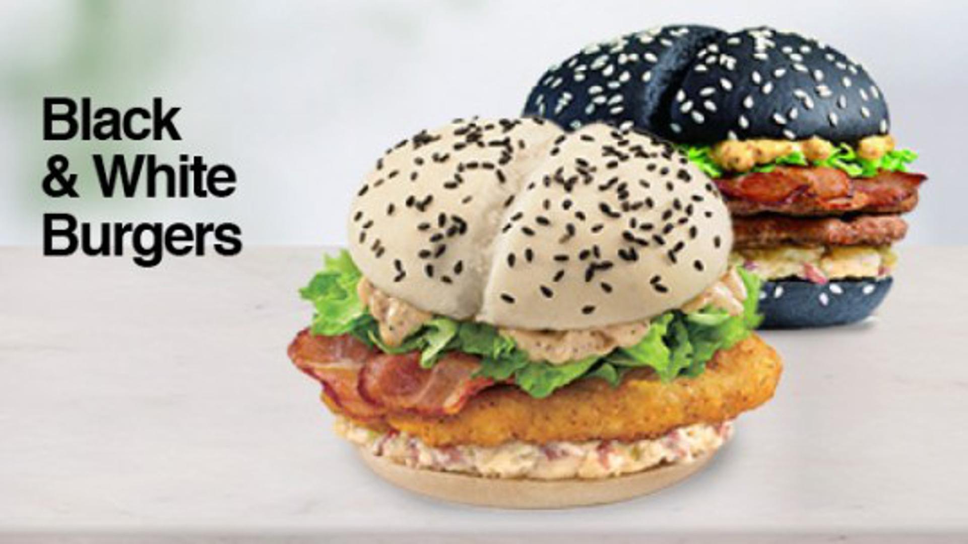 U Kini se može naći burger s piletinom u zanimljivom pecivu - crno s bijelim sezamom ili bijelo s crnim.