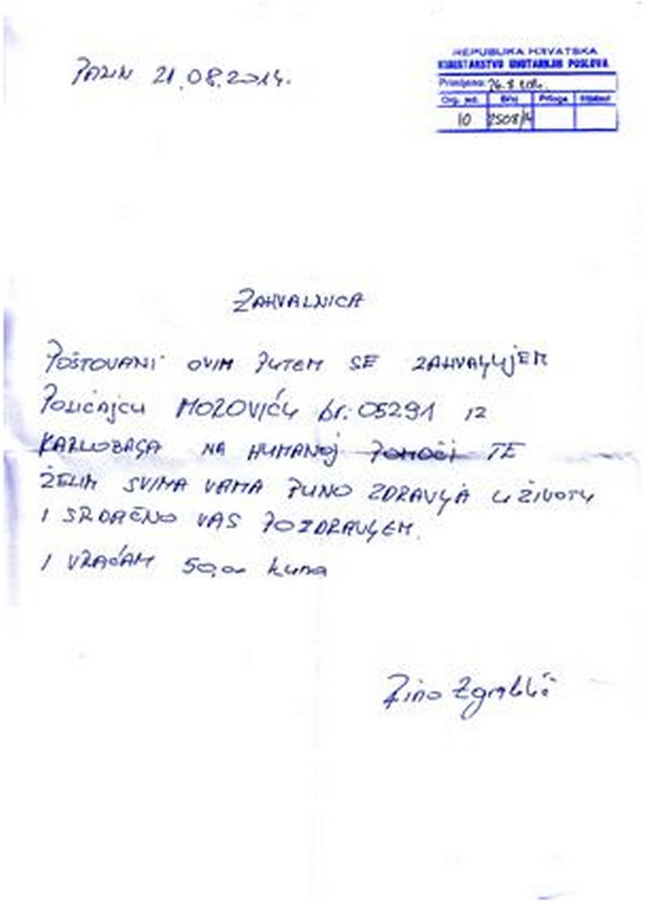 pismo zahvale,Nikola Morović,Rino Žgrablić