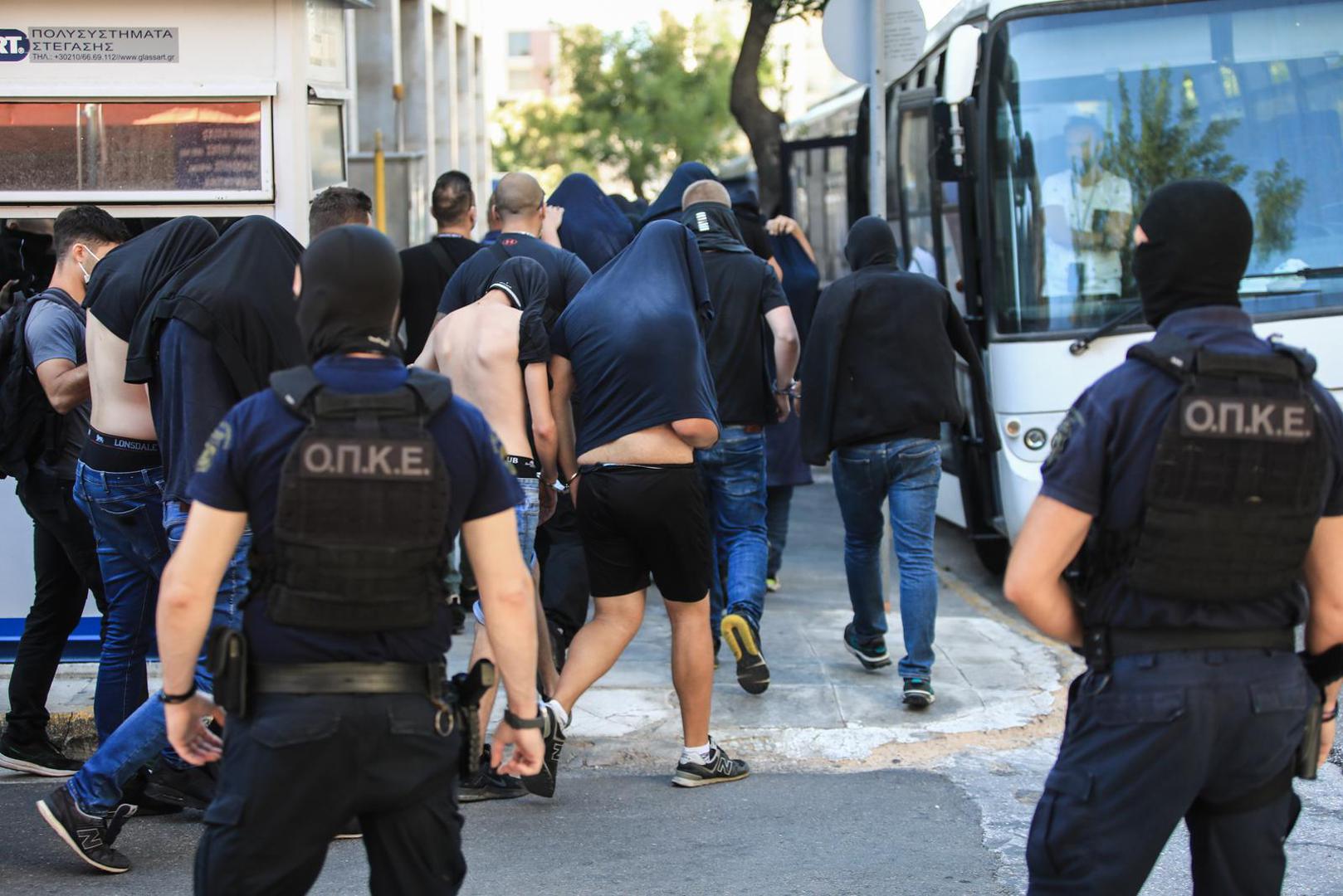 09.08.2023., Atena, Grcka - Svih 94 uhicenih osoba koje je grcka policija privela nakon navijackih nereda uoci utakmice 3. pretkola kvalifikacija Lige prvaka izmedju AEK-a i Dinama odvedeni su pred tuzitelja.  Photo: Yiannis Panagopoulos/EUROKINISSI/PIXSELL