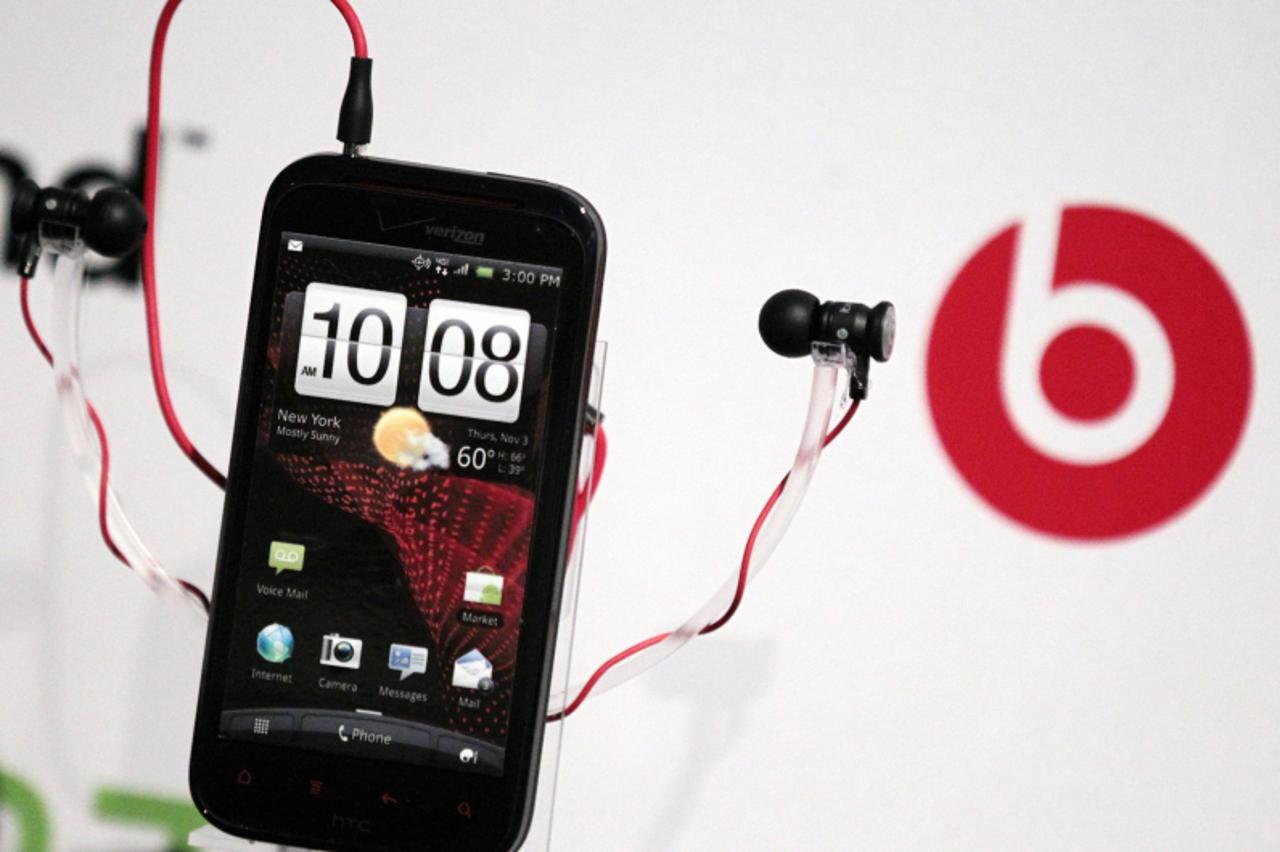 'HTC\'s latest smartphone, the Rezound is displayed during it\'s launch event in New York November 3, 2011. The Rezound, includes audio technology from Beats, the audio company it bought earlier this 