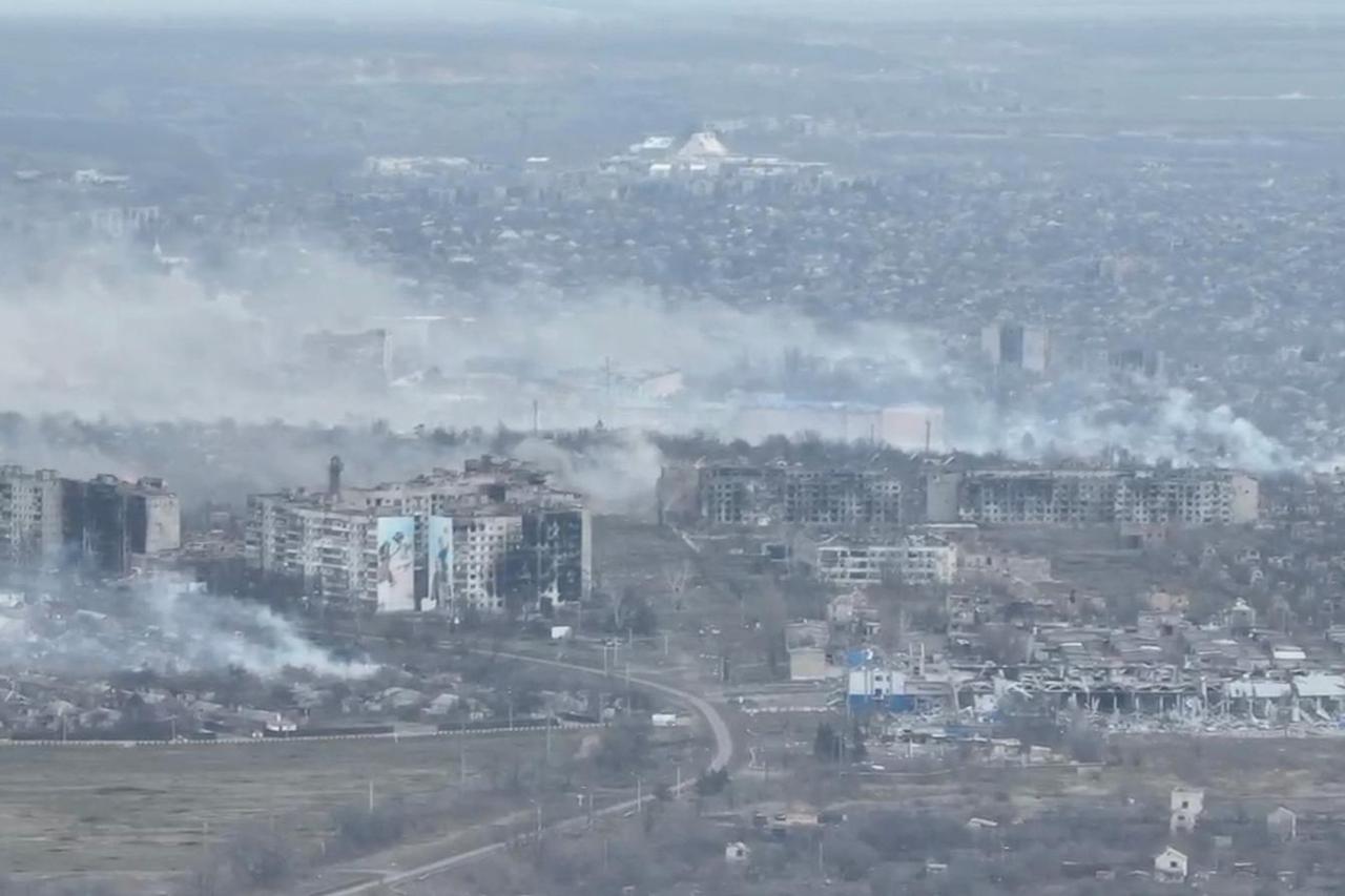 An aerial view shows smoke billowing, in Bakhmut, Ukraine
