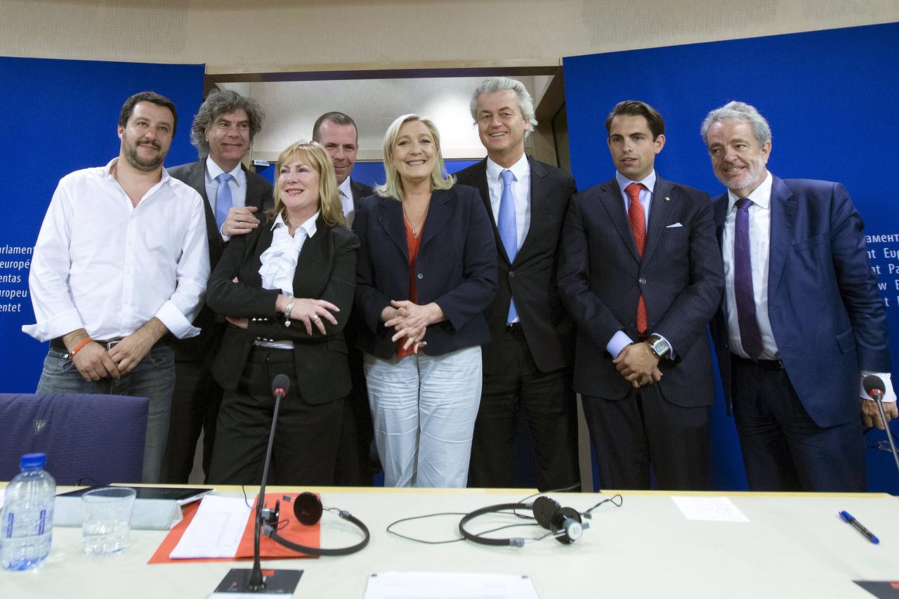 (L-R) Italy's Lega Nord party member Matteo Salvini, Netherlands' far-right Party for Freedom (PVV) member Marcel de Graaff, United Kingdom Independence Party (UKIP) former member Janice Atkinson, Austria's far-right Freedom Party (FPOe) member Harald Vil