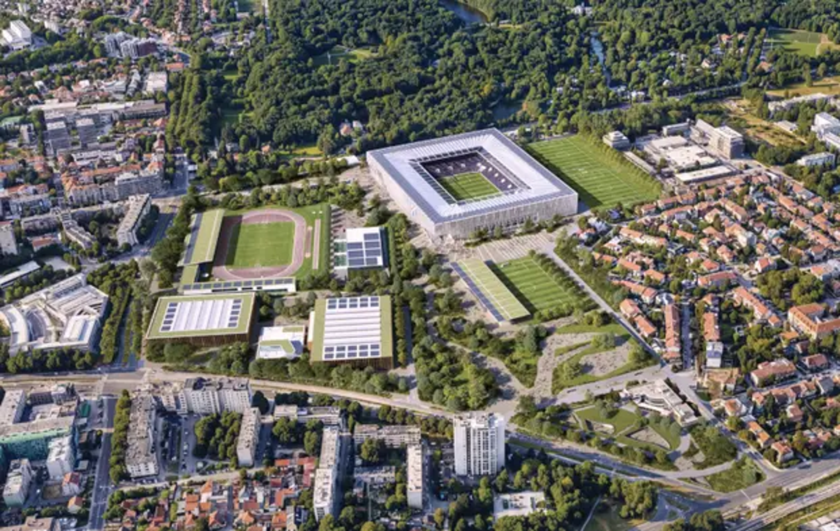 Pravilni, gotovo kvadratni volumen stadiona obavijen je kontinuiranim nizom vertikalnih lamela koje ujedinjuju pročelja i natkrivaju široki ulazni pojas. Krovna ploha spušta se prema otvoru igrališta, dok se glavni pristup formira kao prošireni zeleni predprostor. U anketnom dijelu sportske dvorane i atletika nižu se kao niski paviljoni uz parkovnu os, a Borongaj se rješava poluukopanom garažom s ozelenjenom javnom terasom.