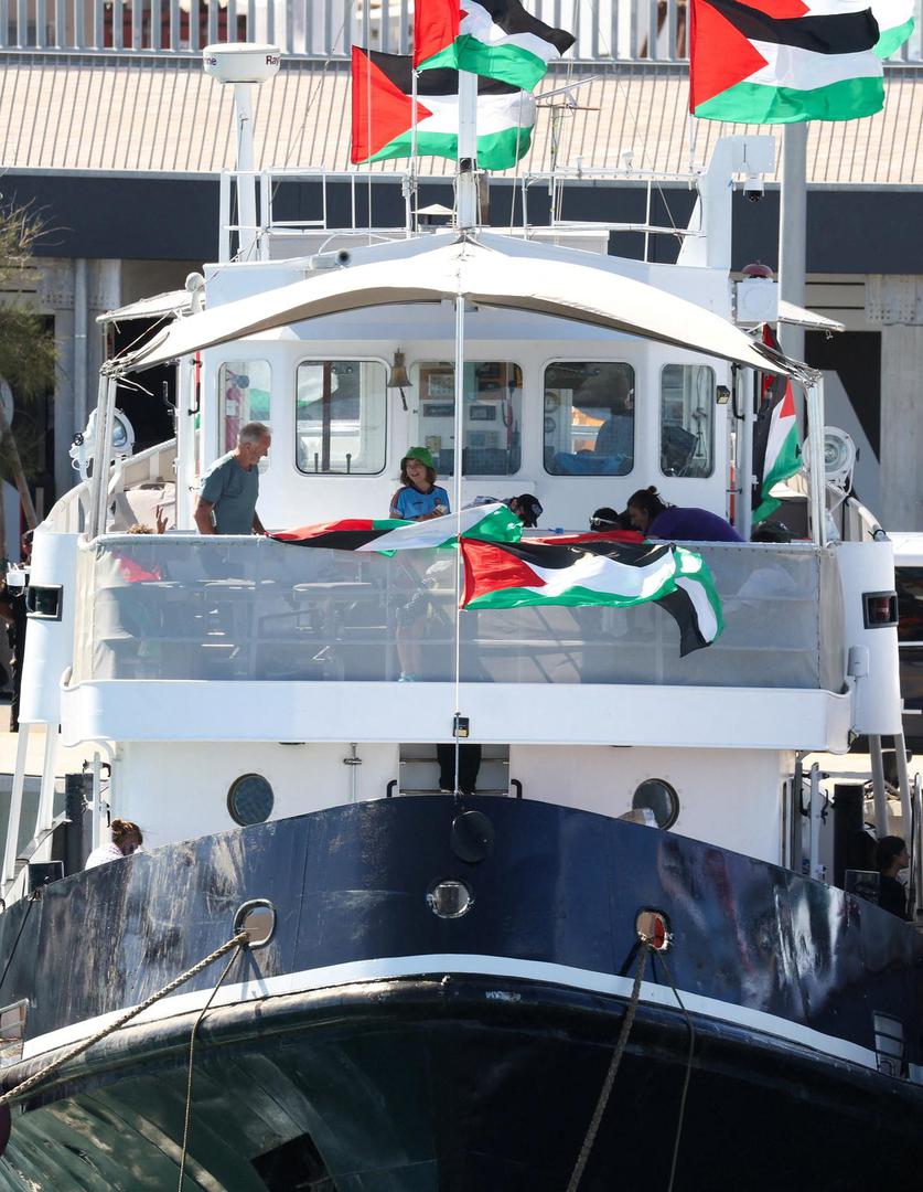 Swedish activist Greta Thunberg and other Global Sumud Flotilla members wait on their boat to depart to Gaza from Barcelona, Spain September 1, 2025, after stormy weather forced the flotilla to return to port earlier. REUTERS/Bruna Casas Photo: BRUNA CASAS/REUTERS