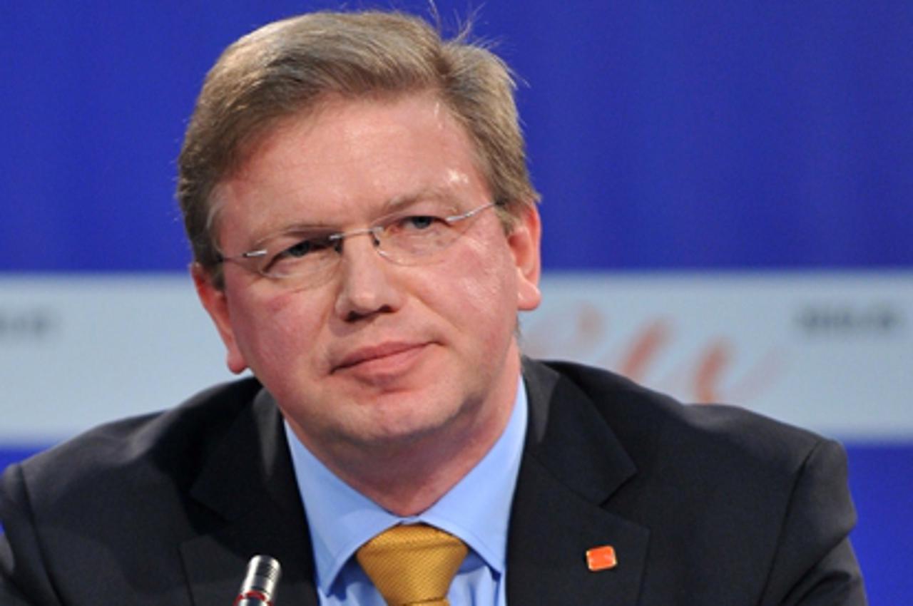 'EU enlargement commissioner Stefan Fule gives a press conference after an EU-Balkans meeting in Sarajevo on June 2, 2010. The meeting comes as concern mounts across the Balkans that Europe\'s debt cr