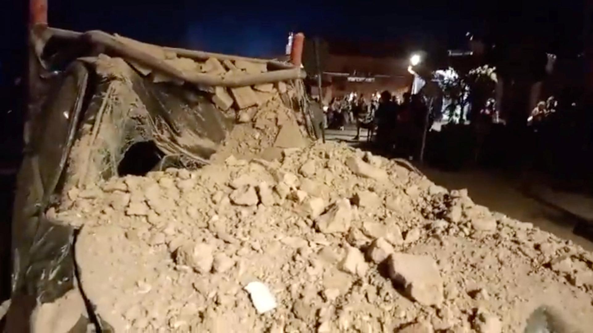 View of debris in the aftermath of an earthquake in Marrakech, Morocco September 9, 2023 in this screen grab from a social media video in this picture. Al Maghribi Al Youm/via REUTERS  THIS IMAGE HAS BEEN SUPPLIED BY A THIRD PARTY. MANDATORY CREDIT. NO RESALES. NO ARCHIVES. Photo: AL MAGHRIBI AL YOUM/REUTERS