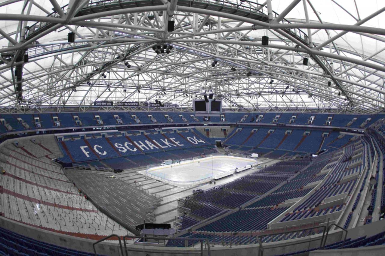 'An overview shows the frozen rink for the ice hockey World Championships at the soccer stadium of Schalke 04 in Gelsenkirchen May 4, 2010. The ice hockey World Championships 2010 will take place in G