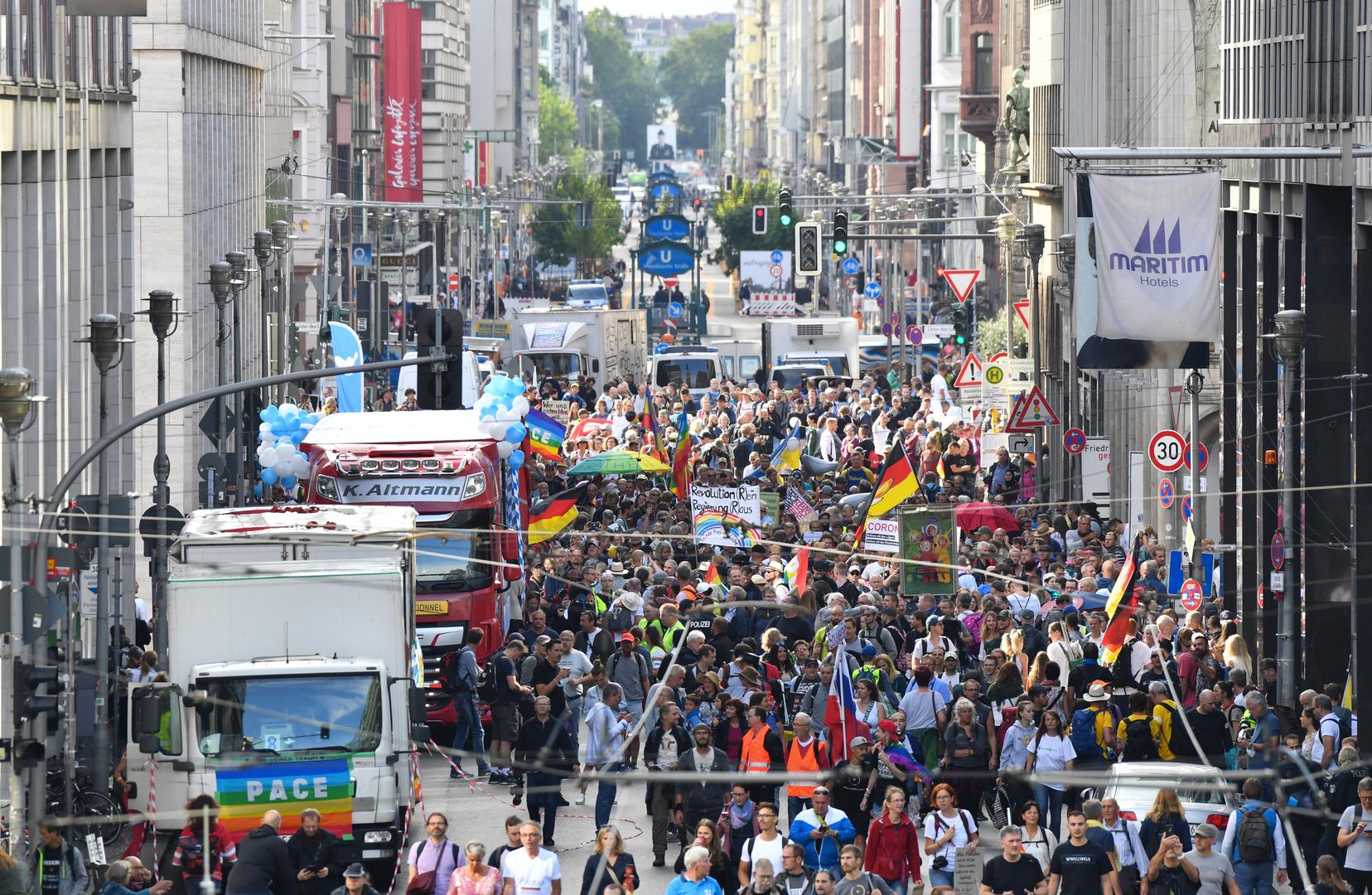 29 August 2020, Berlin: Participants gather in Friedrichstraße for a demonstration against the Corona measures. Photo: Paul Zinken/dpa /DPA/PIXSELL