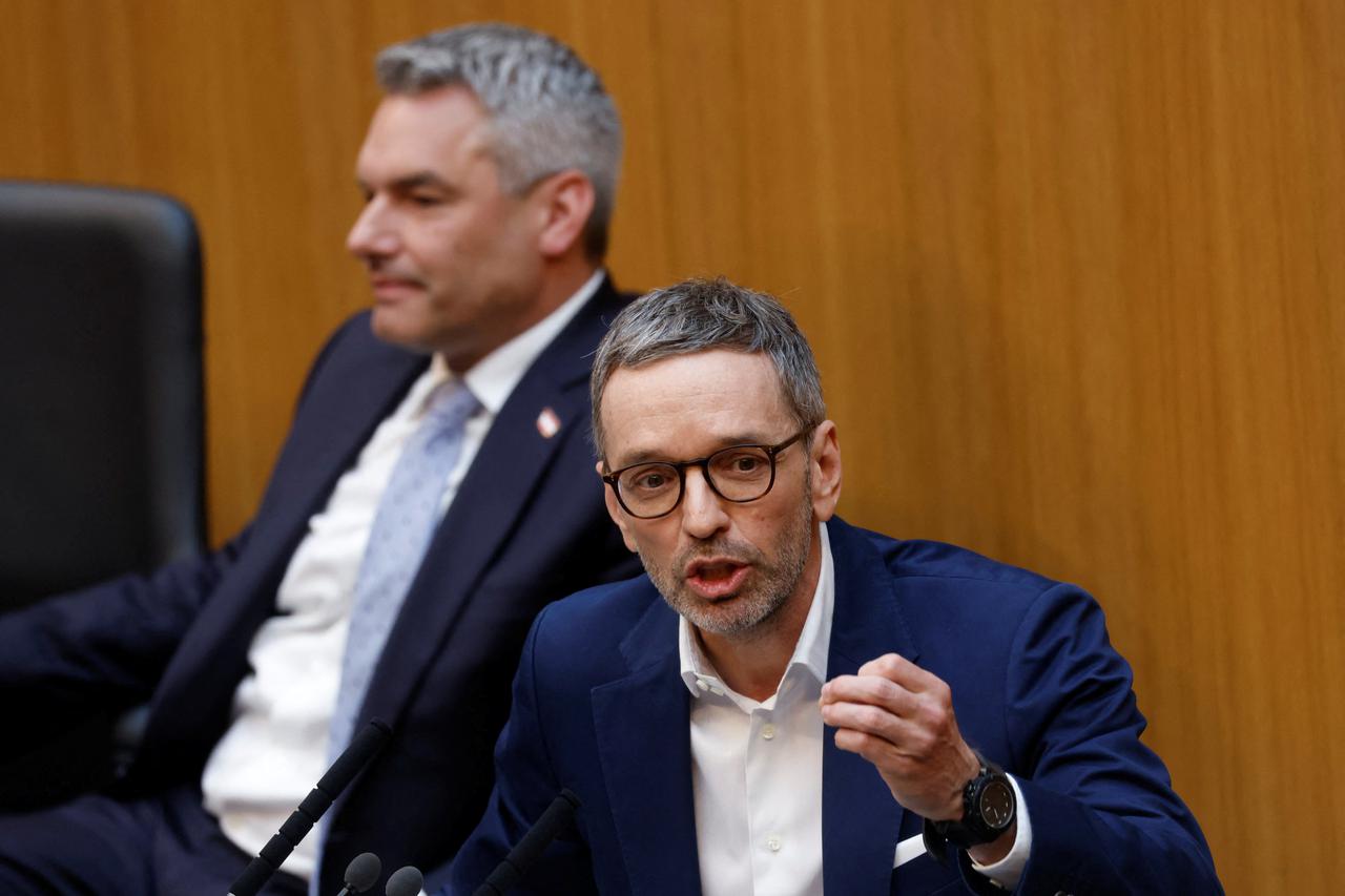 Austrian Chancellor Nehammer and Labour and Head of Freedom Party Kickl  attend a session of  the Parliament in Vienna