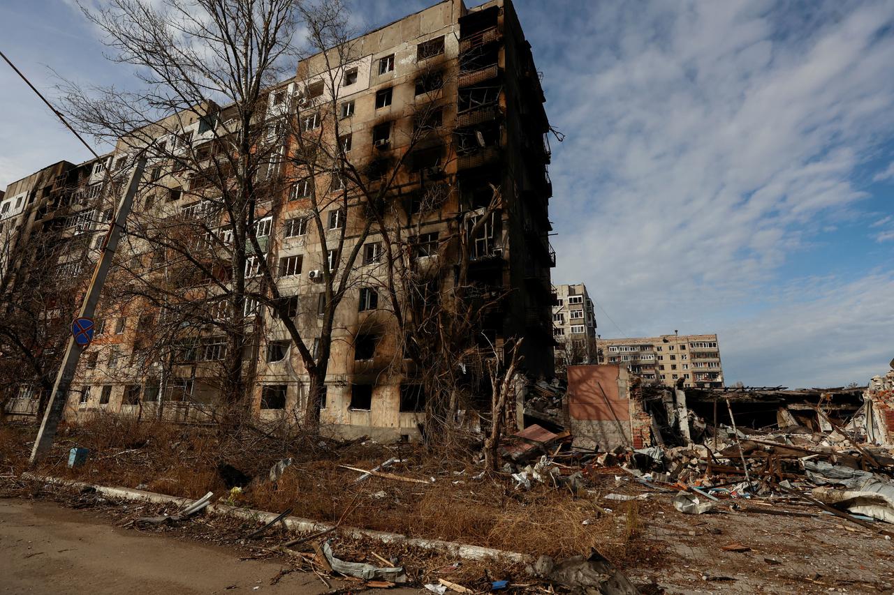 View shows residential buildings heavily damaged by permanent Russian military strikes in the front line town of Avdiivka