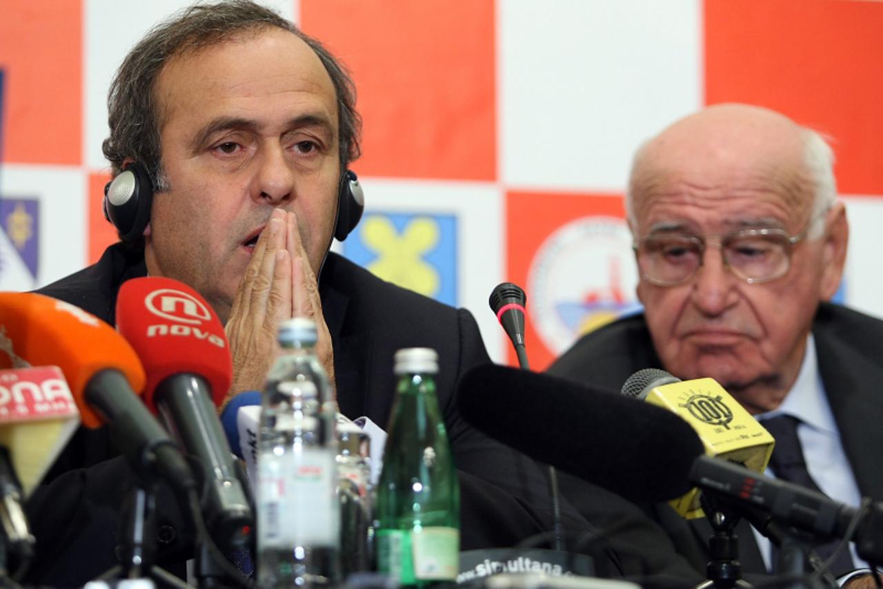 '20.10.2010.,Zagreb -  Predsjednik UEFA Saveza Michel Platini i predsjednik HNS-a Vlatko Markovic odrzali su zajednicku press konferenciju. Photo: Jurica Galoic/PIXSELL'