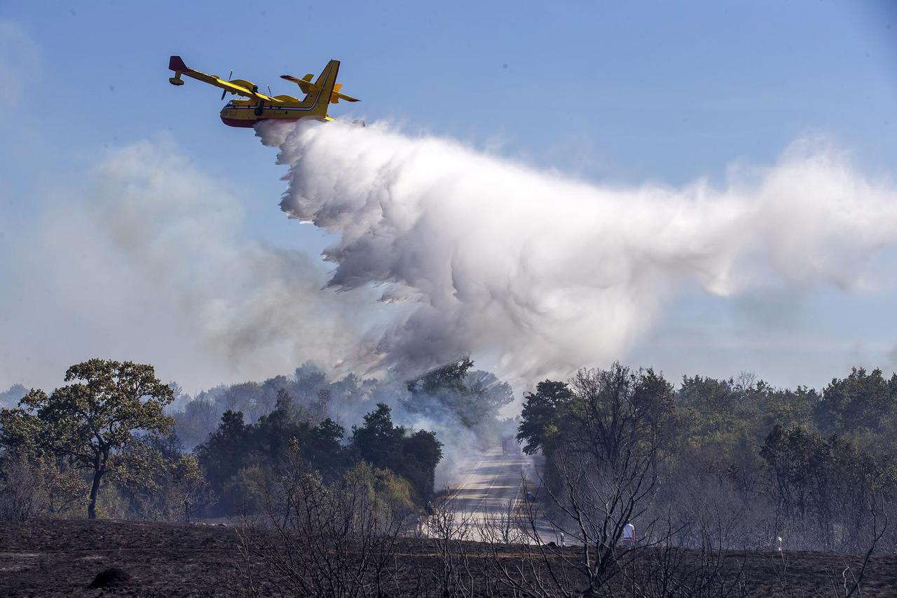 Nedaleko sela Bijažići u Istri kanaderi i stanovnici bore se s požarom