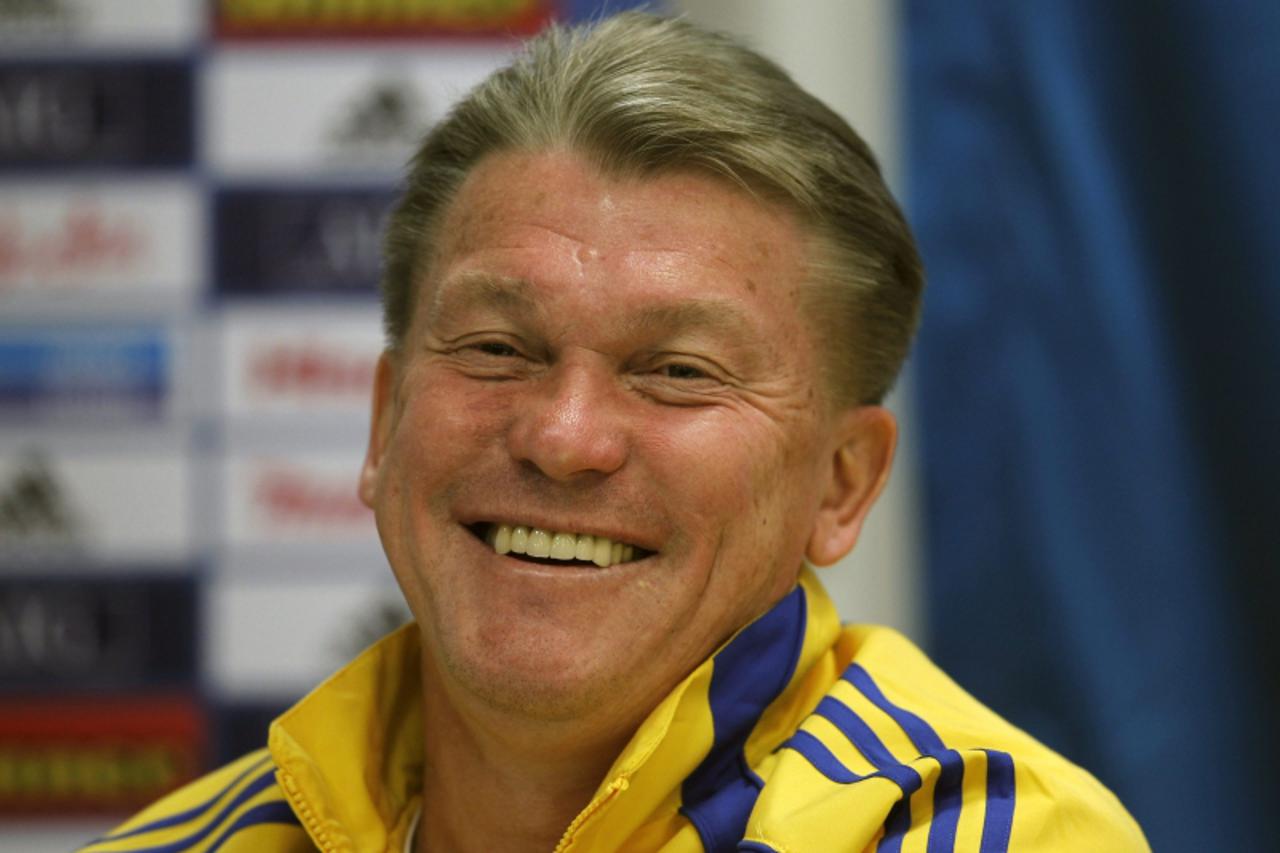 'Ukraine\'s coach Oleg Blokhin smiles during a news conference ahead of his team\'s friendly soccer match against Israel, at Hamoshava Staduim in Petah Tikva, near Tel Aviv February 28, 2012. Ukraine 
