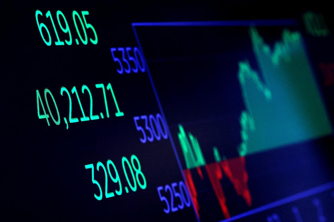 A screen shows trading numbers after the closing bell on the floor at the NYSE in New York