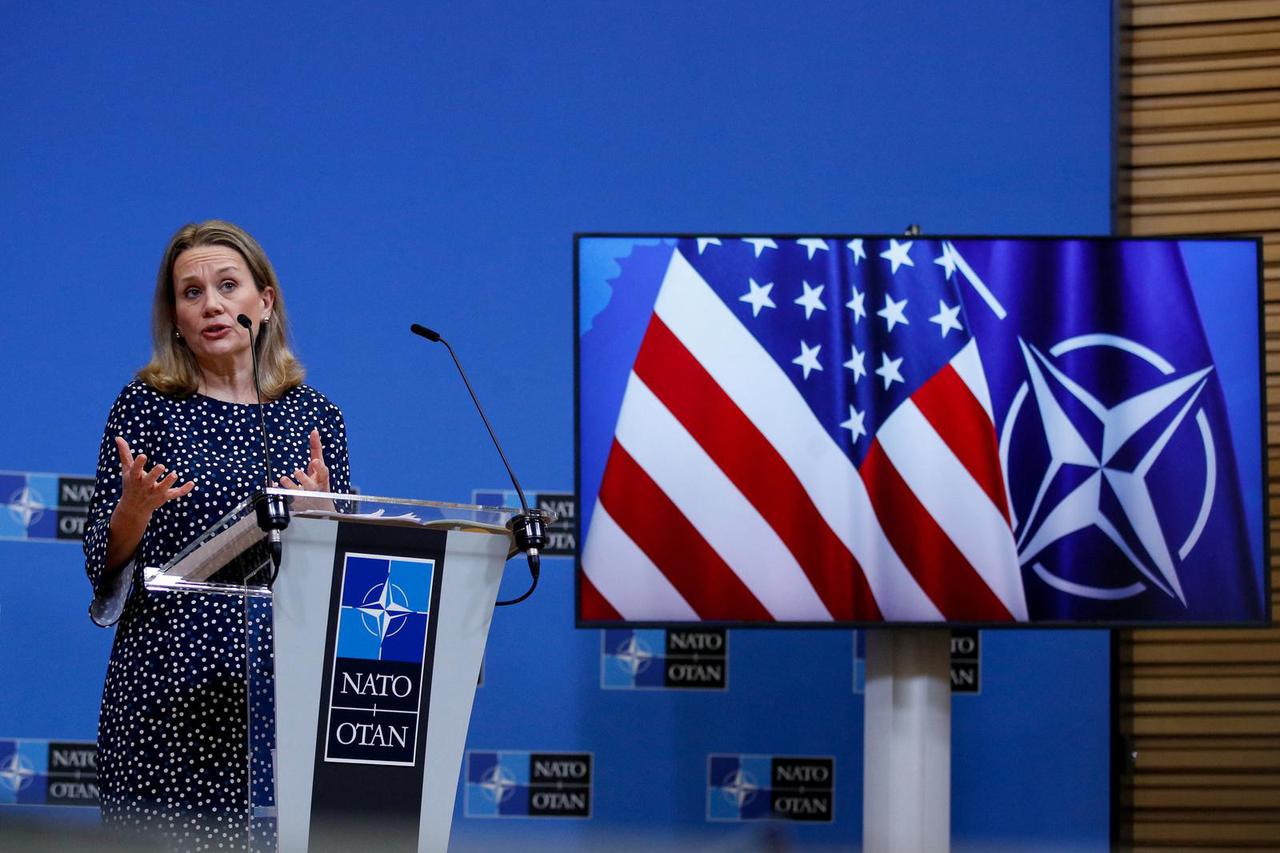 U.S.  Ambassador  to NATO Julianne Smith holds a news briefing in Brussels