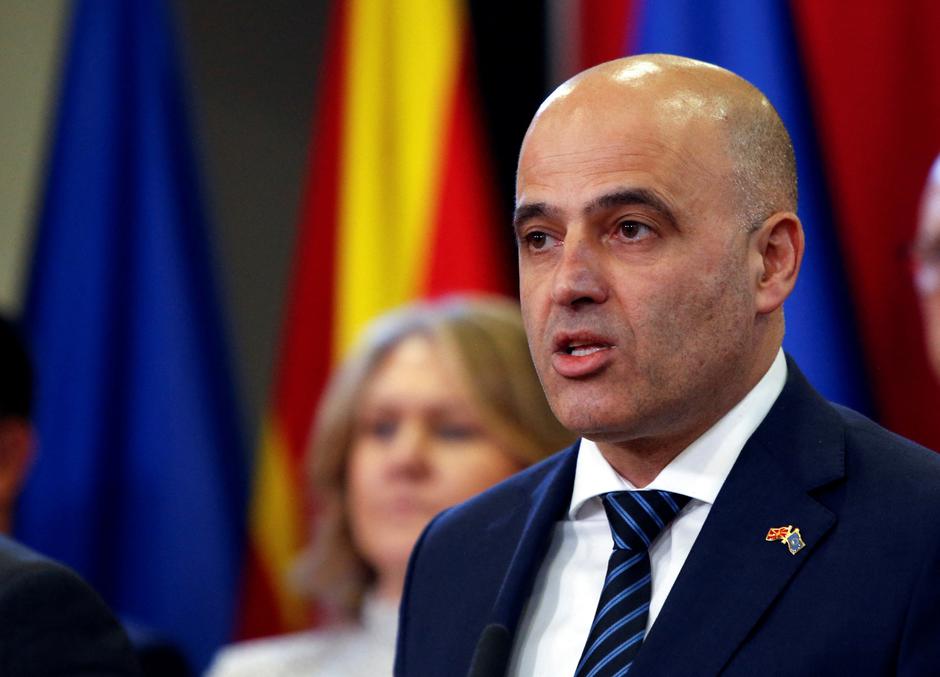 North Macedonian Prime Minister Dimitar Kovacevski attends a news conference in Skopje
