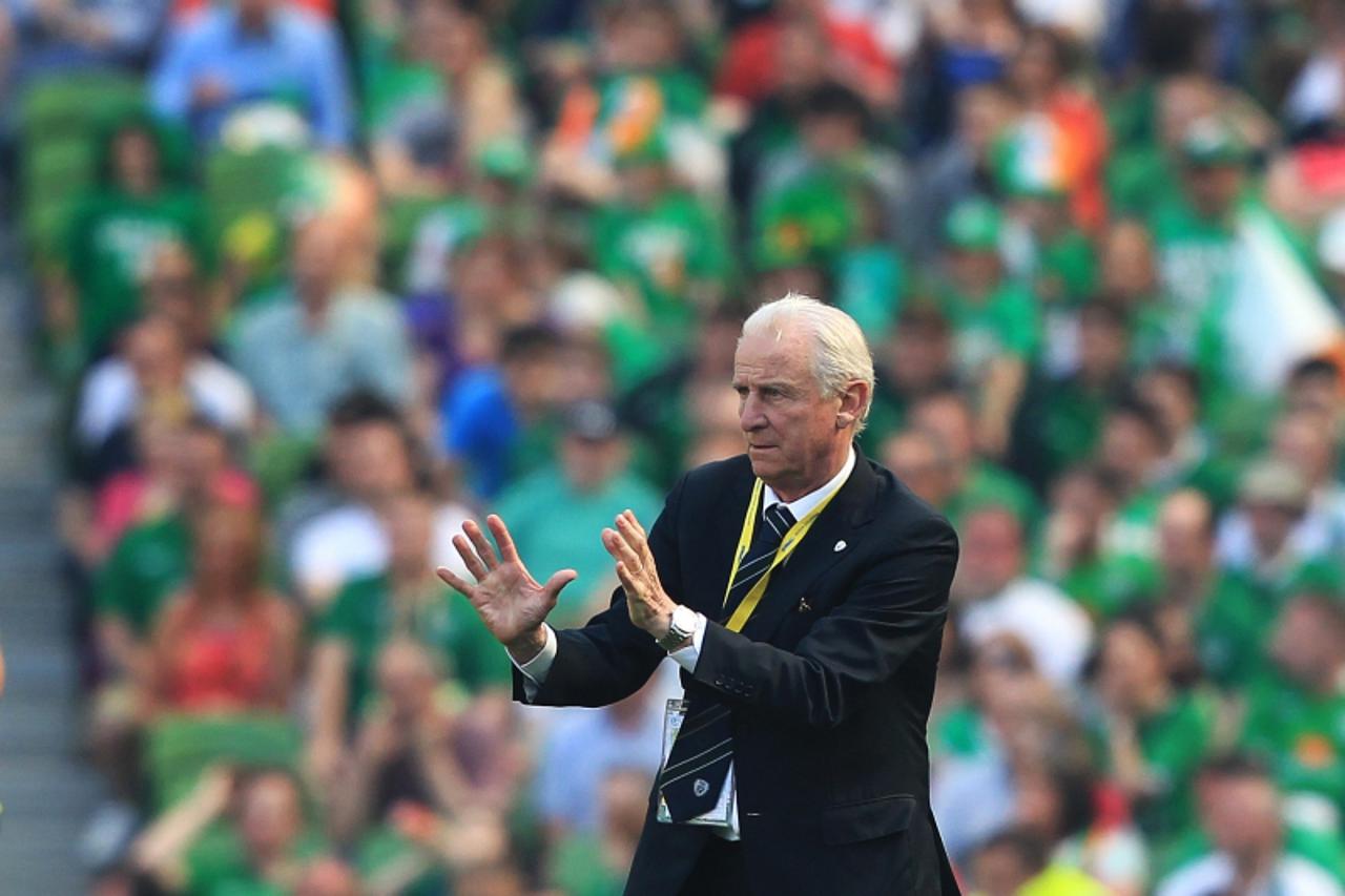 'Republic of Ireland's manager Giovanni Trapattoni gestures during the friendly football match between Republic of Ireland and Bosnia-Herzegovina at the Aviva stadium in Dublin on May 26, 2012.  AFP 