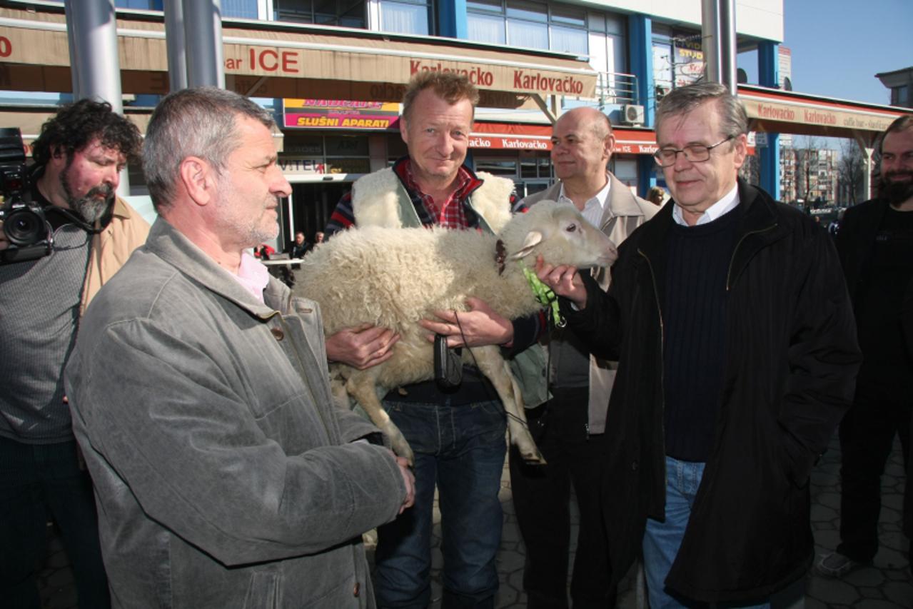 \'08.02.2011. Karlovac - Hrvatskih laburista u0096 stranke rada odrzala tiskovnu na gradskoj trznici. Na tiskovnu dopeljali i ovcu koju su nazvali Stefica. Na tiskovnoj Dragutin Lesar predsjednik str