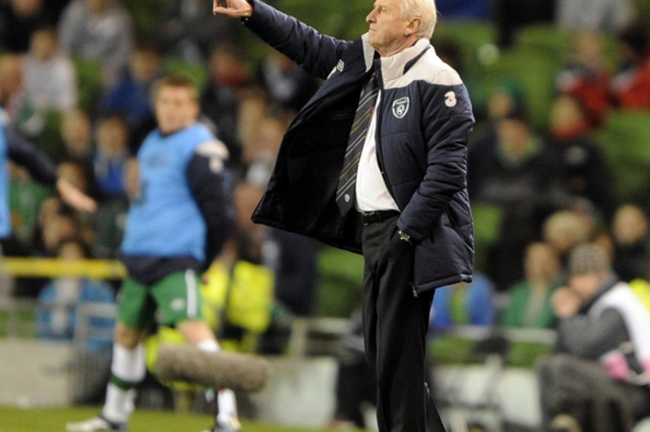 'Ireland\'s manager Giovanni Trapattoni reacts to his side\'s performance against the Czech Republic during their international friendly soccer match at the Aviva Stadium, Dublin, February 29, 2012. R