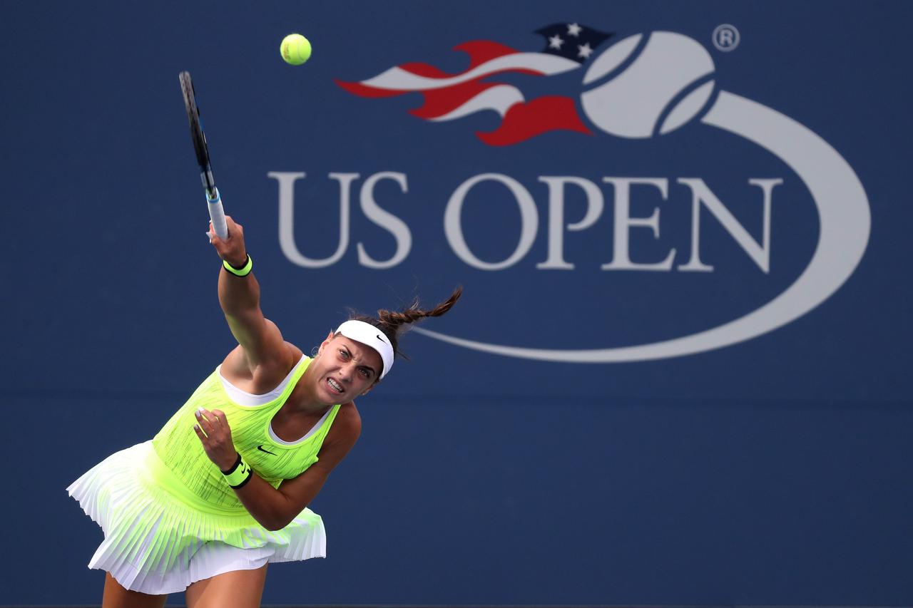 Sep 3, 2016; New York, NY, USA; Ana Konjuh of Croatia serves against Varvara Lepchenko of the United States (not pictured) on day six of the 2016 U.S. Open tennis tournament at USTA Billie Jean King National Tennis Center. Konjuh  won 6-3, 3-6, 6-2. Manda