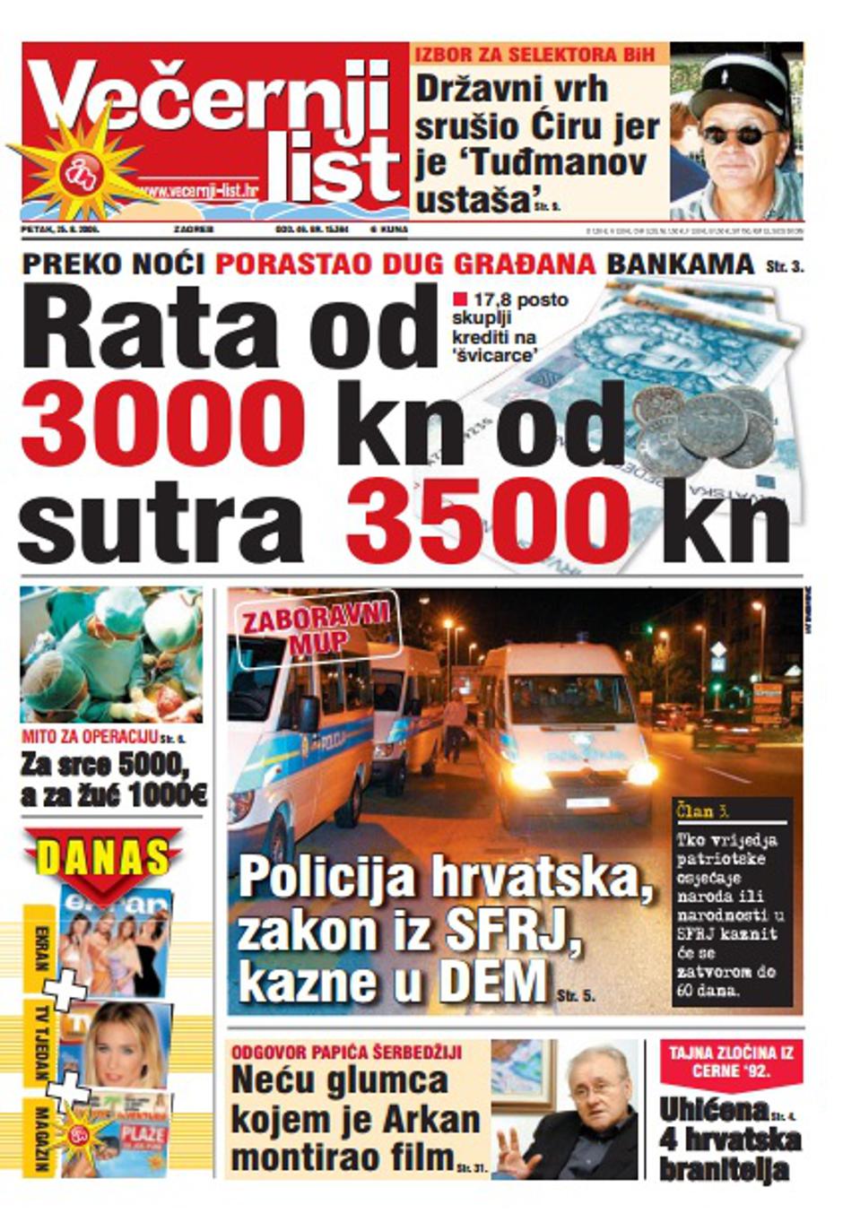 Naslovnica Večernjeg 25.06.2006.