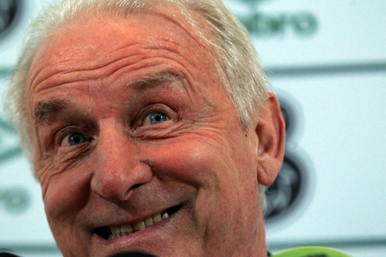 'Republic of Ireland\'s manager Giovanni Trapattoni smiles as he holds a brief press conference after defeated Estonia during the second leg of an Euro 2012 play-off football match at the Aviva Stadiu