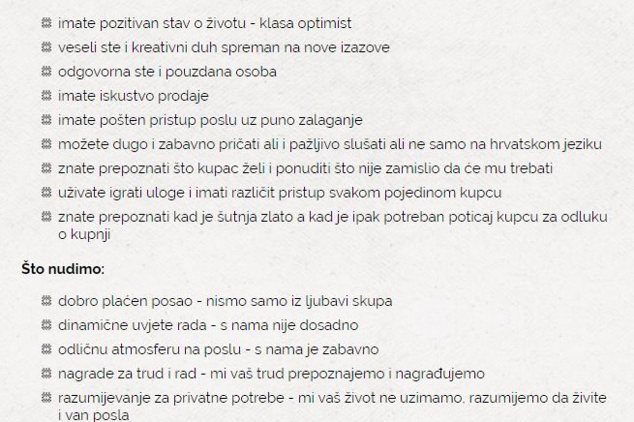 Oglas za slobodno radno mjesto prodavača