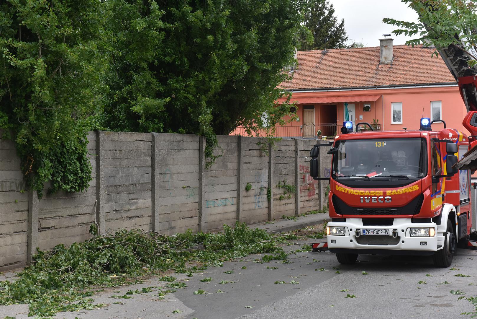 16.4.2024., Zagreb - U Moscenickoj ulici jak vjetar otrgnuo je nekoliko grana s jablana, pa vatrogasci uklanjaju grane koje bi mogle pasti na ulicu. Photo: Davorin Visnjic/PIXSELL