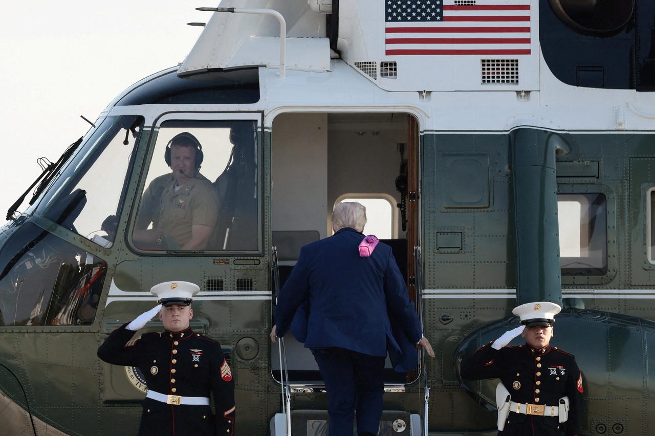 U.S. President Trump disembarks Air Force One in Charlottesville