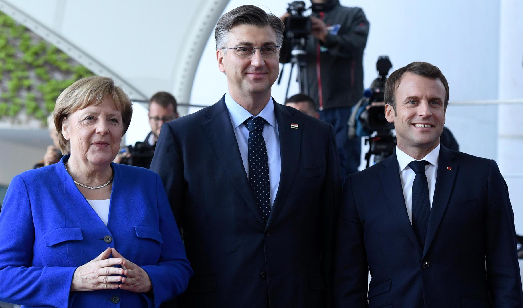 Premijer Plenković s Angelom Merkel i Emmanuelom Macronom jučer prije sastanka o Zapadnom Balkanu